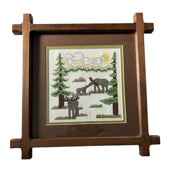 Cross Stitch Moose Family in Forest 11" X 11" Vintage‎ Completed Framed & Matted - Picture 1 of 5